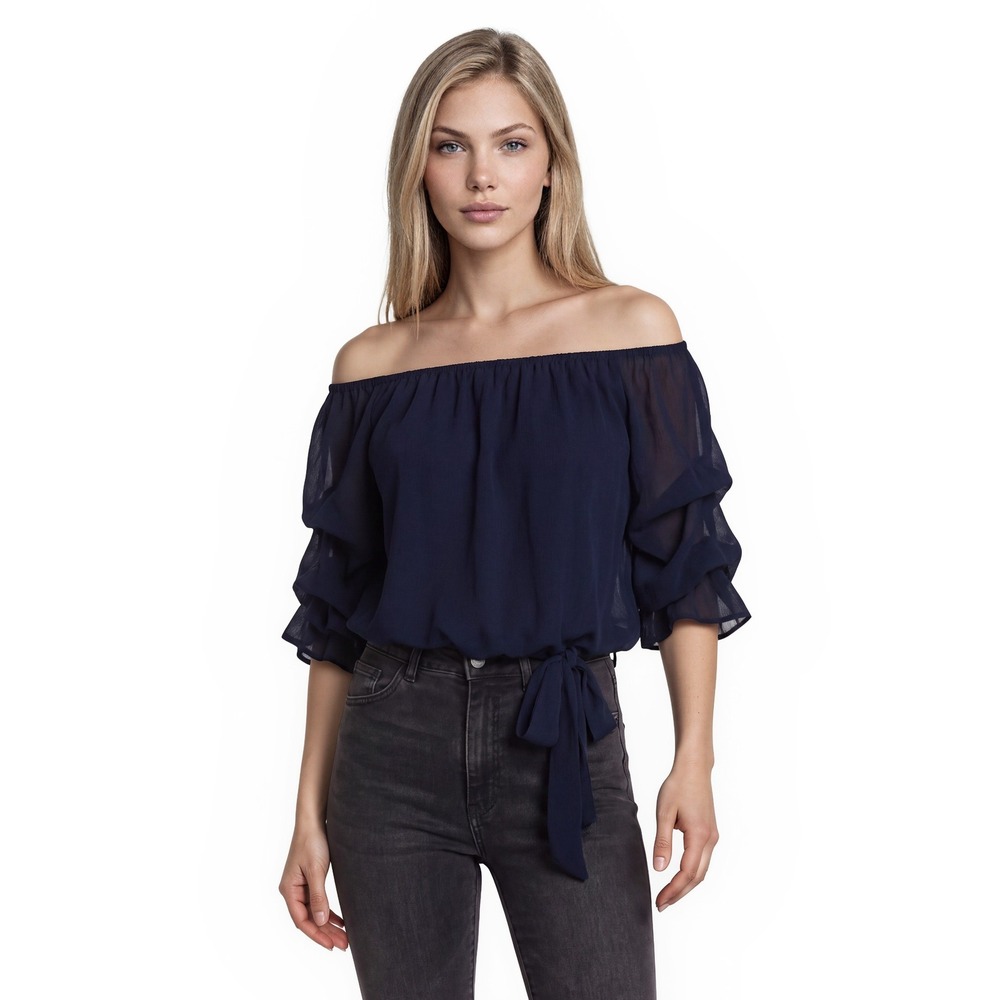 CeCe Ruffle Sleeve Blouse Top Women's Size Small Navy Blue Off Shoulder
